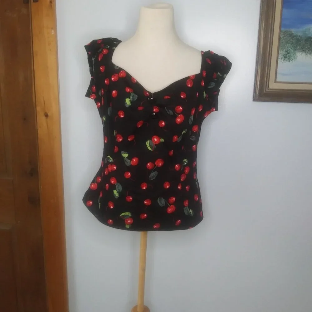 COLLECTIF Dolores cherry print top pin up retro size 2XL  subtle sexy - Picture 2 of 16